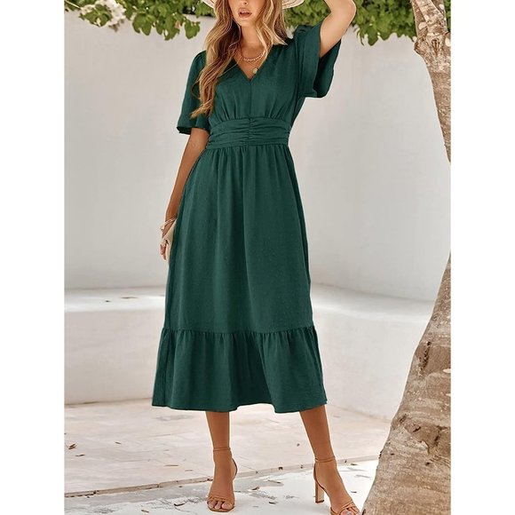 IFFEI Summer Maxi Dress V Neck Chiffon Ruffle Sleeve Swiss Dots A-Line Dress - Picture 5 of 7